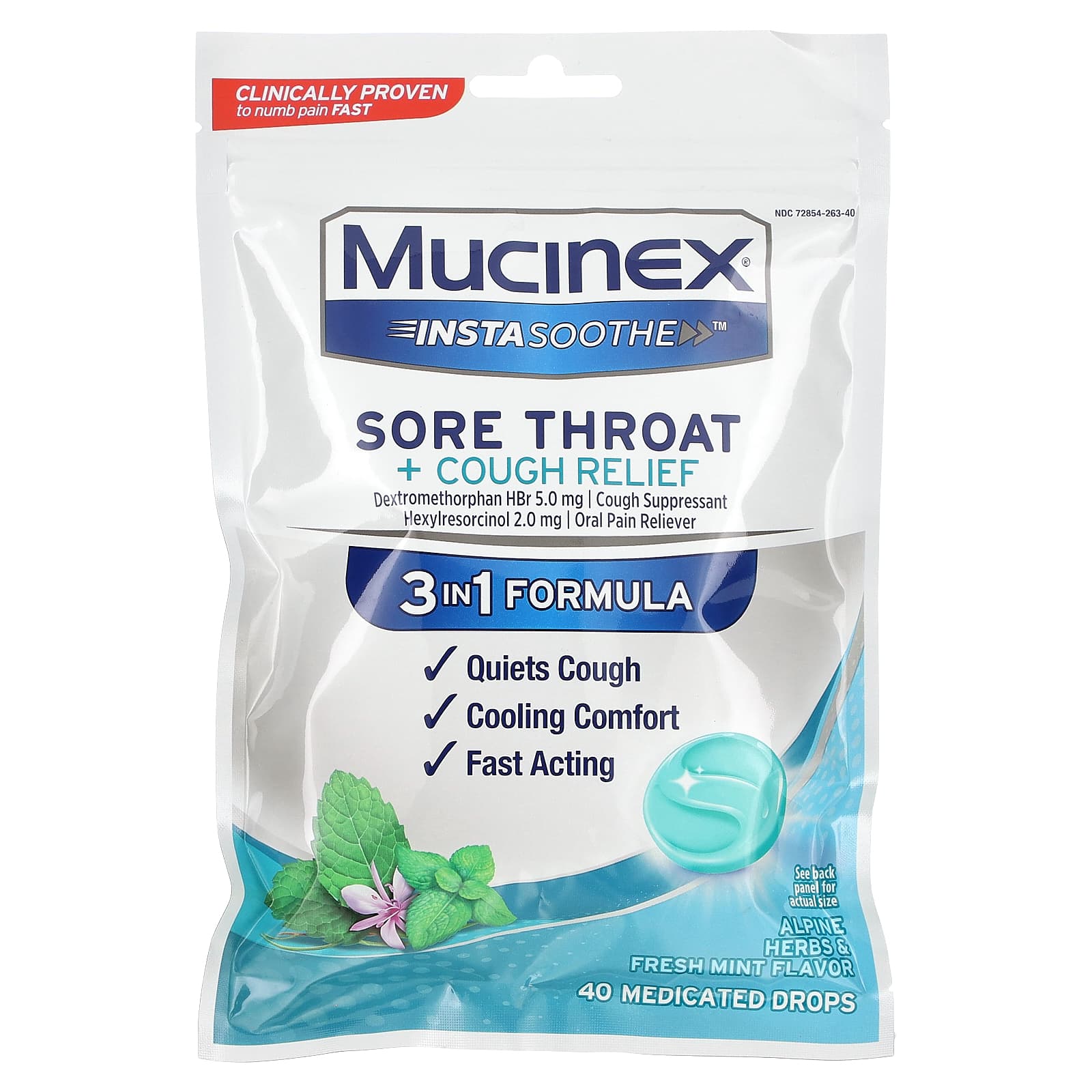 Mucinex, InstaSoothe, Sore Throat + Cough Relief, Alpine Herbs & Fresh