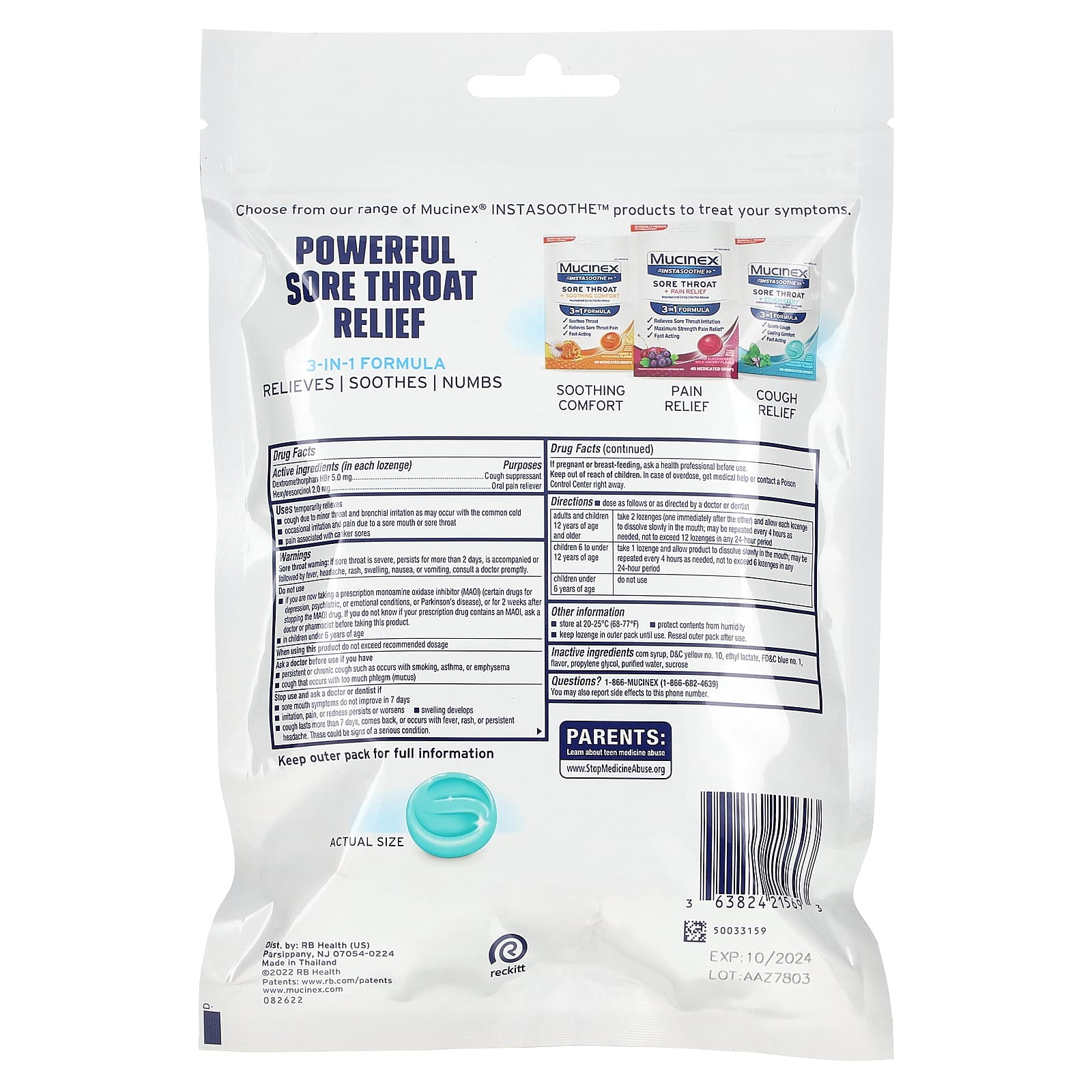 Mucinex, InstaSoothe, Sore Throat + Cough Relief, Alpine Herbs & Fresh