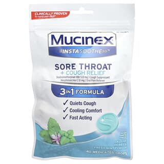 Mucinex, InstaSoothe, Alivio para el dolor de garganta y la tos, Hierbas alpinas y menta fresca, 40 gotas medicinales