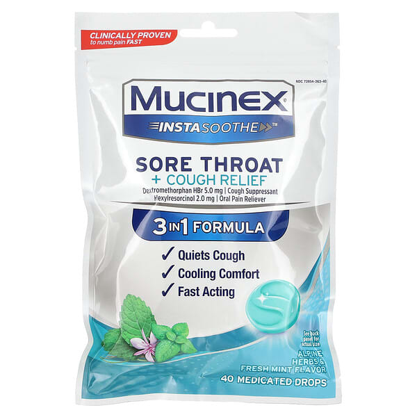 Mucinex, InstaSoothe, Sore Throat + Cough Relief, Alpine Herbs &amp; Fresh Mint, 40 Medicated Drops