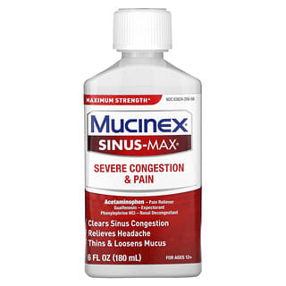 Mucinex‏, Sinus-Max, גודש וכאב חמורים, לגילאי 12 ומעלה, 180 מ“ל (6 אונקיות נוזל)