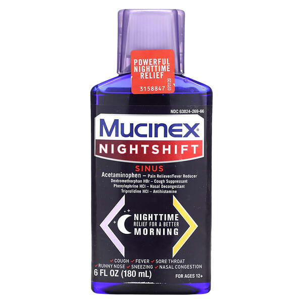 Mucinex, NightShift ไซนัสสำหรับเด็กอายุ 12 ปีขึ้นไป ขนาด 6 ออนซ์ (180 มล.)