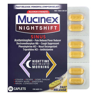 Mucinex, Poste de nuit, Sinus, Force maximale, Pour les enfants de 12 ans et plus, 20 capsules