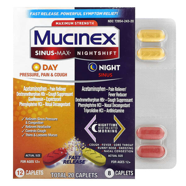 Mucinex, Sinus-Max ไซนัสสูตรกลางวันและกลางคืน สูตรเข้มข้นสูงสุด สำหรับเด็กอายุ 12 ปีขึ้นไป บรรจุ 2 ข