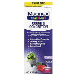 Mucinex‏, "לילדים, שיעול וגודש, לגיל 4 ומעלה, בטעם פירות יער, 201 מ""ל (6.8 אונקיות נוזל)"
