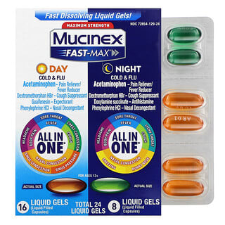 Mucinex‏, Fast-Max צינון ושפעת ביום/לילה, עוצמה מרבית, לגילאי 12+, 24 כמוסות נוזליות