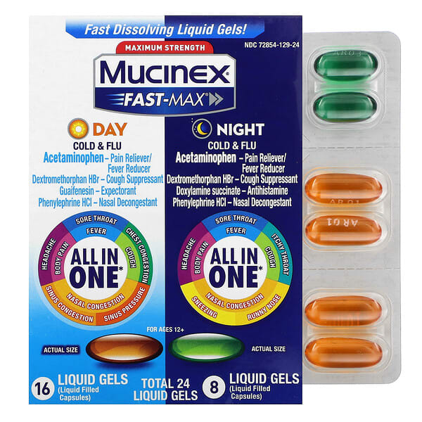 Mucinex, Fast-Max สูตรกลางวันและกลางคืนสำหรับไข้หวัดและไข้หวัดใหญ่ สูตรเข้มข้นสูงสุด สำหรับเด็กอายุ 