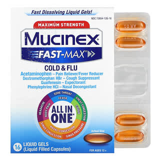 Mucinex‏, Fast-Max צינון ושפעת, עוצמה מרבית, לגילאי 12 ומעלה, 16 כמוסות נוזליות