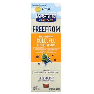 Mucinex, 어린이용, 무료다증성 감기 예방 및 인후통, 주간, 만 6세 이상, 엘더베리 및 체리 맛, 118ml(4fl oz)