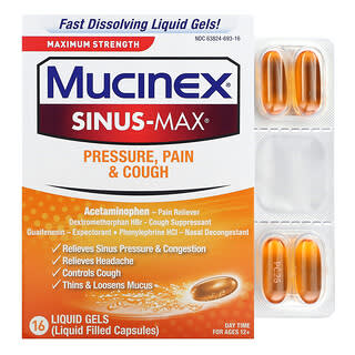 Mucinex, Sinus-Max, 통증 및 기침, 맥시멈 스트렝스, 만 12세 이상용, 액상 젤 16정