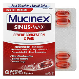 Mucinex, Sinus-Max, сильная заложенность носа и боль, максимальная сила действия, для детей от 12 лет, 16 капсул в жидкой форме