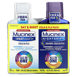 Mucinex, Opakowanie na dzień i na noc na przeziębienie i grypę, maksymalna moc, od 12. roku życia, 2 butelki po 180 ml