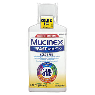 Mucinex‏, Fast-Max צינון ושפעת, עוצמה מרבית, לגילאי 12+, תפוז ואננס, 180 מ"ל (6 אונקיות נוזל)