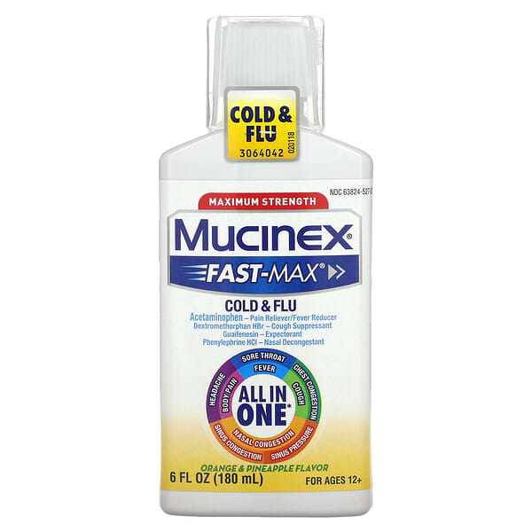 Mucinex, Fast-Max Cold & Flu สูตรเข้มข้นสูงสุดสำหรับผู้มีอายุ 12 ปีขึ้นไป สูตรส้มและสับปะรด ขนาด 6 อ