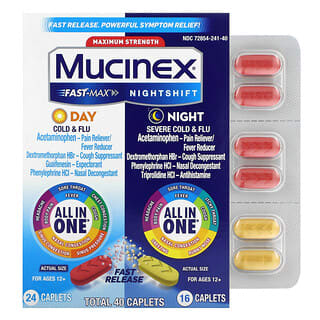 Mucinex, Fast-Max para la gripe y el resfriado de día y el turno de noche para la gripe y el resfriado severo, Concentración máxima, Para mayores de 12 años, 2 frascos, 40 comprimidos