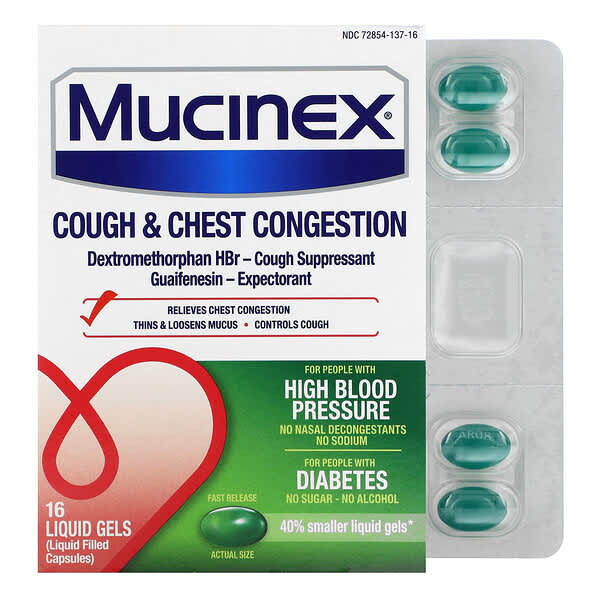 Mucinex, ช่วยบรรเทาอาการไอและแน่นหน้าอก ออกฤทธิ์เร็ว บรรจุแคปซูลบรรจุของเหลว 16 แคปซูล