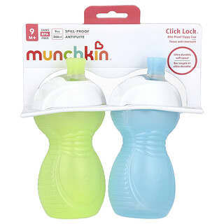 Munchkin, Click Lock™, Gobelet anti-morsures, 9 mois+, Vert clair et bleu clair, 2 gobelets, 266 ml chacun