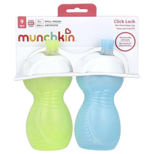 Munchkin, 클릭 잠금™, 바이트 프루프 시피 컵, 9개월 이상, 라이트 그린 및 라이트 블루, 2컵, 각 266ml(9oz)