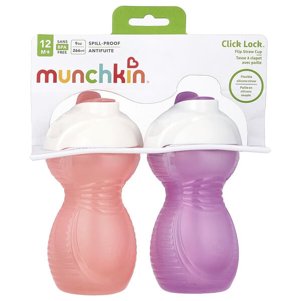 Munchkin, Click Lock™, Flip Straw Cup, 12 Months+, Light Pink & Light Purple, 2 Count, 9 oz (266 ml) Each