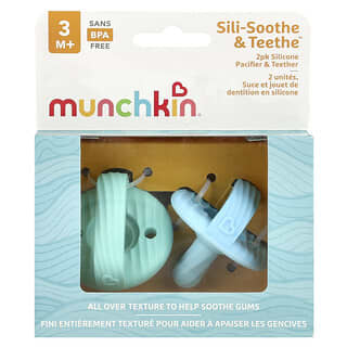 Munchkin, Sili-Soothe & Teethe™, Silicone Pacifier & Teether, 3 Months+, Light Blue & Light Green, 2 Count