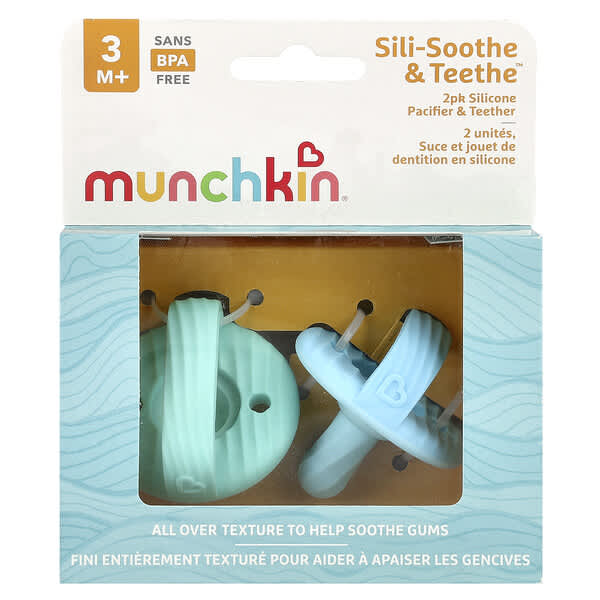 Munchkin, Sili-Soothe & Teethe™, 실리콘 젖꼭지 및 치아 치발기, 3개월 이상, 라이트 블루 및 라이트 그린, 2팩