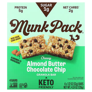 Munk Pack, Barrita de granola masticable, Mantequilla de almendras y chips de chocolate, 4 barritas, 32 g (1,12 oz) cada una
