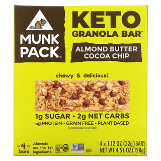 Munk Pack, Barra de Keto de Granola, Manteiga de Amêndoa e Lascas de Cacau, 4 Barras, 32 g (1,12 oz) Cada