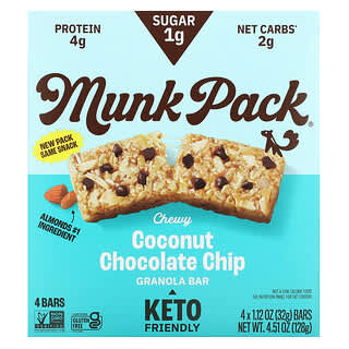 Munk Pack, жевательный батончик-мюсли, кокос и шоколадная крошка, 4 шт. по 32 г (1,12 унции)
