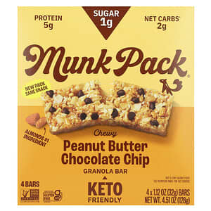 Munk Pack, Barrita de granola masticable, Mantequilla de maní y chips de chocolate, 4 barritas, 32 g (1,12 oz) cada una