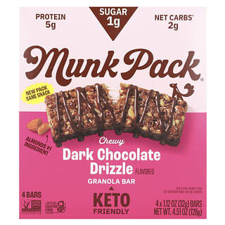 Munk Pack, Barrita de granola masticable, Llovizna de chocolate negro, 4 barritas, 32 g (1,12 oz) cada una
