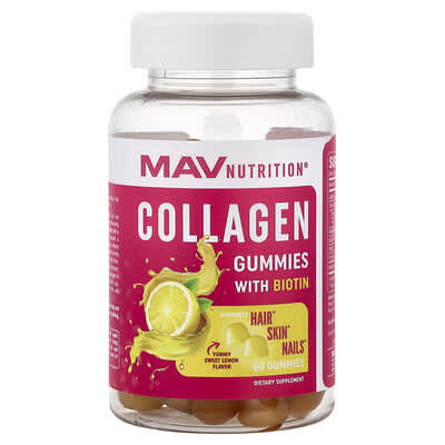 MAV Nutrition, Collagen Gummies with Biovitamins, Sweet Lemon Flavor, 60 Gummies