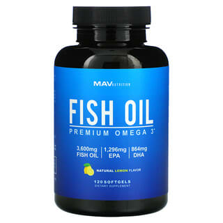 MAV Nutrition, Fish Oil, Premium Omega 3, Natural Lemon, 120 Softgels