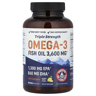 MAV Nutrition, Olej rybny omega-3 o potrójnej sile działania, naturalna cytryna, 120 miękkich kapsułek