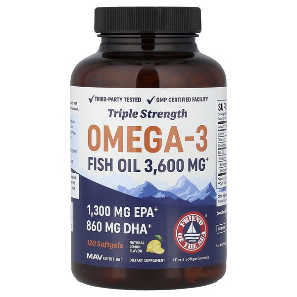 MAV Nutrition, Omega-3 Fish Oil, Natural Lemon, 120 Softgels