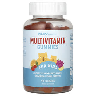 MAV Nutrition, Multivitamin Gummies, Multivitamin-Fruchtgummis, für Kinder, Kirsche, Erdbeere, Traube, Orange und Zitrone, 90 Fruchtgummis