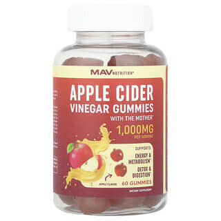 MAV Nutrition, Apple Cider Vinegar Gummies, Apple, 1,000 mg, 60 Gummies (500 mg per Gummy)