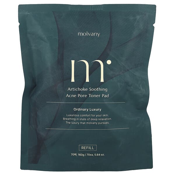 Molvany, 아티초크 수딩 여드름 모공 토너 패드, 리필, 패드 70매, 160g(5.64oz)