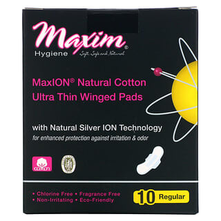 Maxim Hygiene Products, فوط صحية رقيقة جدًا بالأجنحة، بتقنية أيون الفضة الطبيعية، عادية، 10 فوط صحية