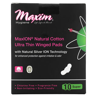 Maxim Hygiene Products, MaxION Natural Cotton, Ultra Thin Winged Pads, Super, 10 Pads