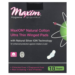 Maxim Hygiene Products, MaxION, натуральный хлопок, ультратонкие прокладки с крылышками, супер, 10 шт