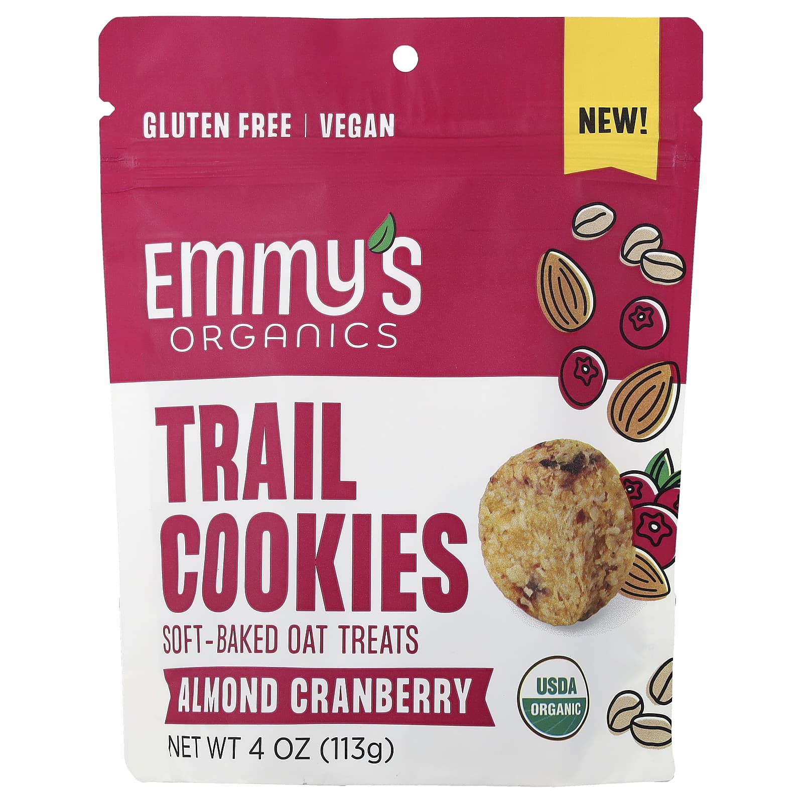 Emmy's Organic Cookies, Trail Cookies, запеченные овсяные лакомства, миндаль и клюква, 113 г (4 унции)