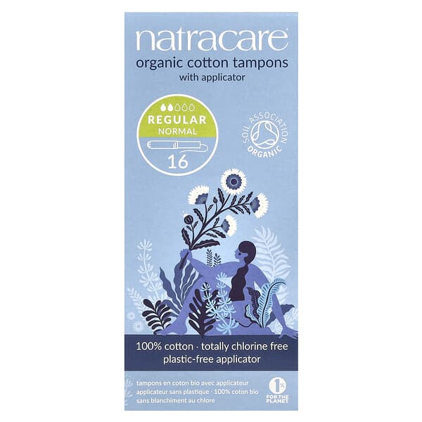 Natracare, 유기농 순면 탐폰, 애플리케이터 포함, 레귤러, 탐폰 16개