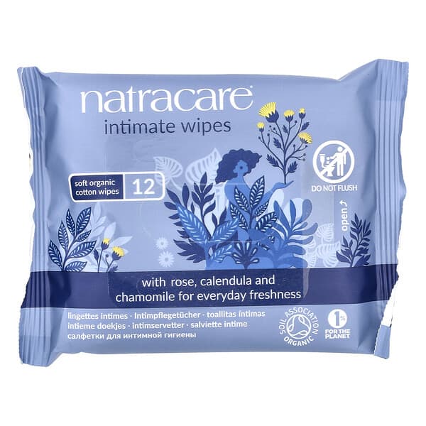 Natracare, 부드러운 유기농 순면 인티메이트 와이프스, 12매