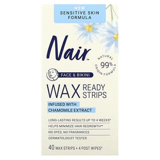 Nair, Wax Ready-Strips, For Face & Bikini, 40 Wax Strips + 4 Post Wipes