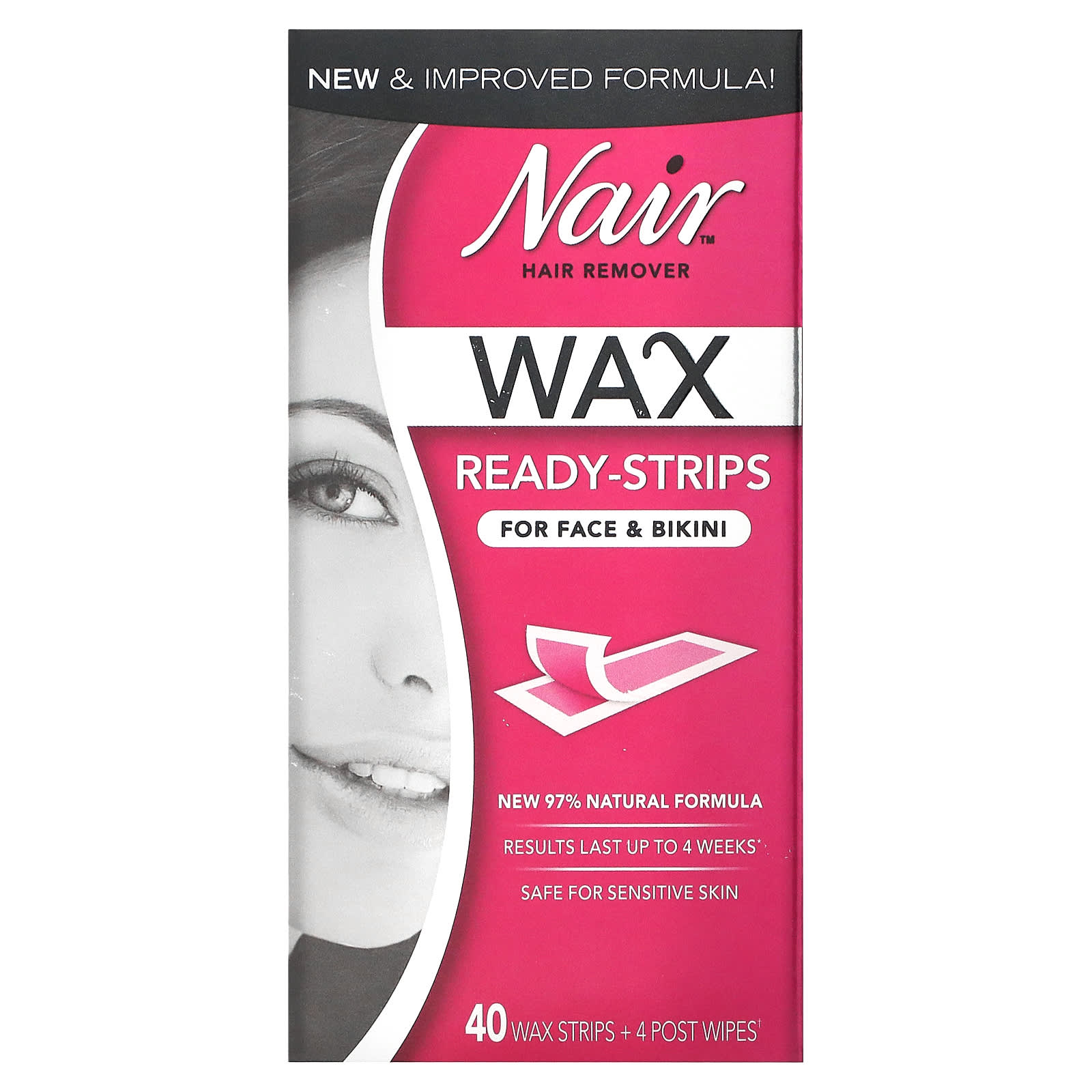 Nair, Hair Remover, Wax Ready-Strips, For Face & Bikini, 40 Wax Strips + 4  Post Wipes