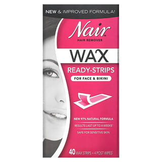 Nair, Hair Remover, Wax Ready-Strips, For Face & Bikini, 40 Wax Strips + 4 Post Wipes