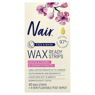 Nair, Wax Ready Strips, Face & Bikini, Orchid & Cherry Blossom Extracts, 40 Wax Strips + 4 Post Wipes