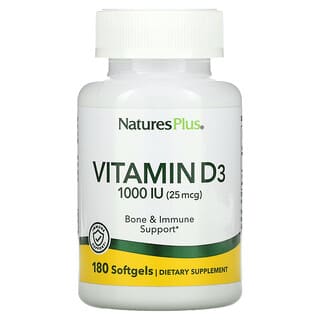 NaturesPlus, Vitamine D3, 25 µg (1000 UI), 180 capsules à enveloppe molle