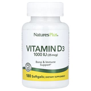 NaturesPlus, 維生素 D3，25 微克 (1,000 國際單位)，180 粒軟凝膠