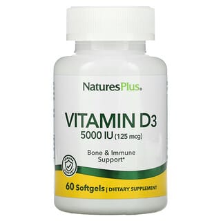 NaturesPlus, витамин D3, 125 мкг (5000 МЕ), 60 мягких таблеток